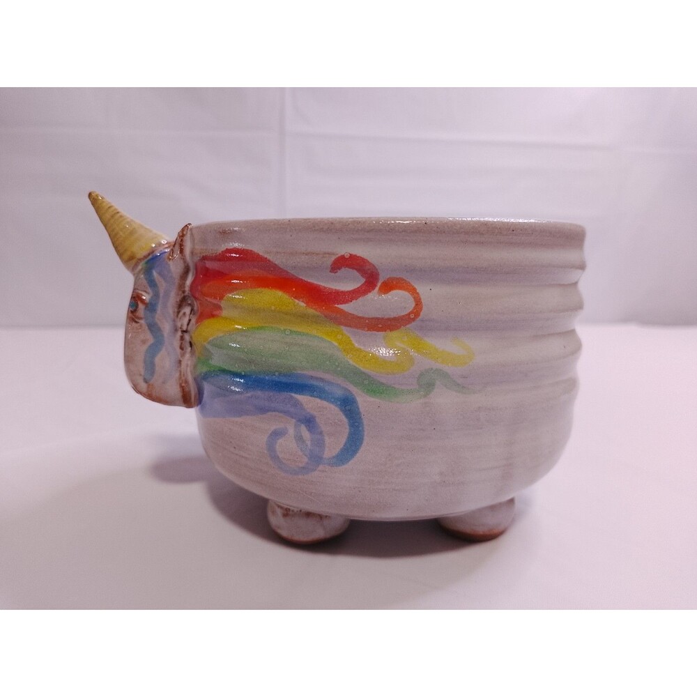 MudWorks Pottery Elwood the Rainbow Unicorn Footed Cereal Bowl - Picture 2 of 8